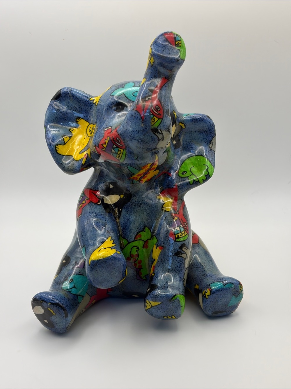 Ceramic Elephant Piggy Bank Blue Cartoon Animal Print Coin Bank 7.5” Decor